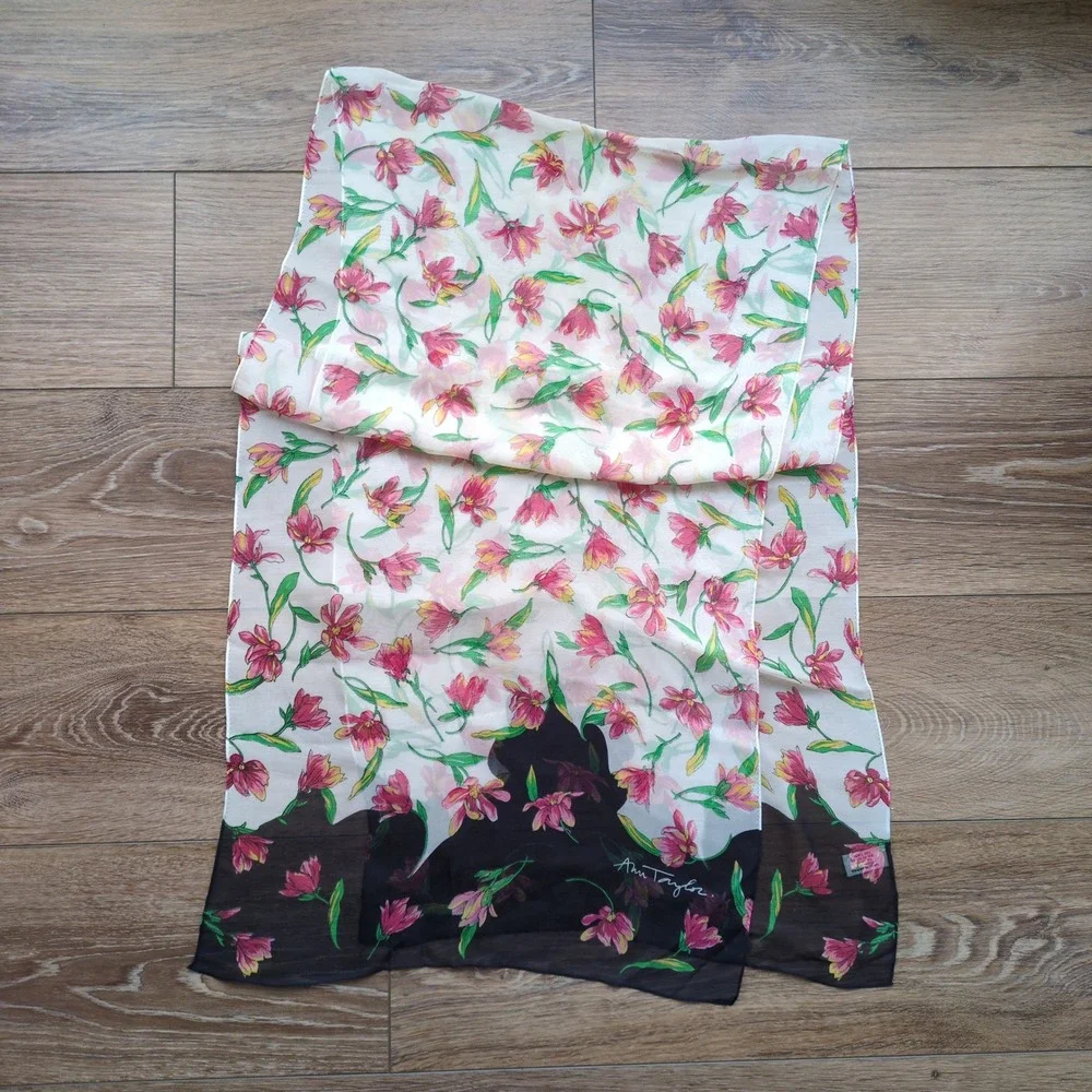 Ann Taylor Floral Sheer Silk Scarf‎ - Black White Pink Onlong Rectangle 17x70